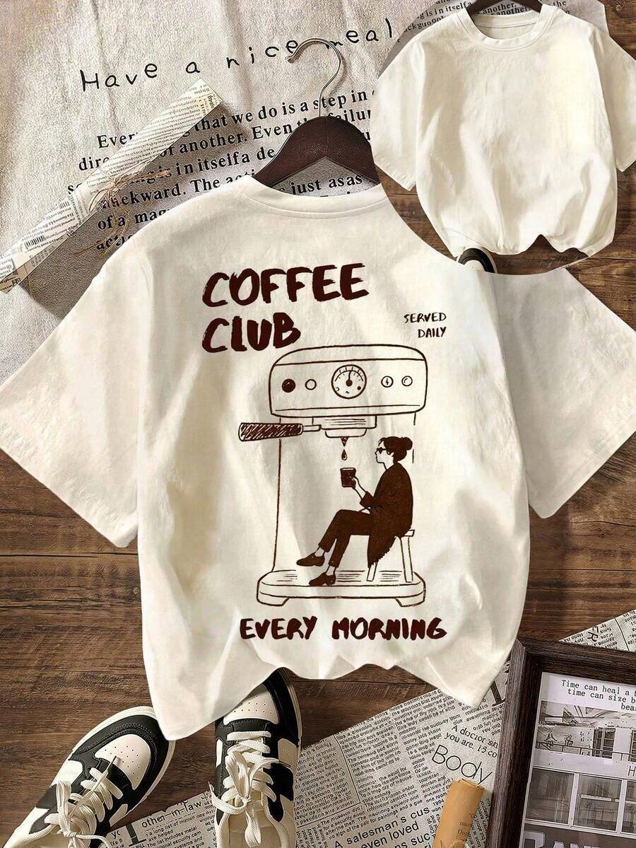 Camiseta Gráfica Coffee Club, Camiseta Casual de Manga Corta con Cuello Redondo para Mujer, para Primavera y Verano, 100% Algodón - Albaricoque - Ver 1