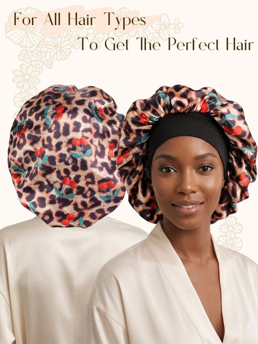 Leopard Print & Cherry Blossom Satin Sleeping Cap - Anti-Static Silk Sleeping Cap With Loose Elastic Band, Large Size For Night Hair Care Coverage And Natural Hair Texture