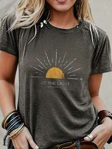 Women's Pure Cotton Casual T-Shirt, Simple And Elegant Print, Round Neck, Short Sleeve, Fun Summer Urban Style, Surprise Gift For Family And Friends - 灰色 2 - 查看 6