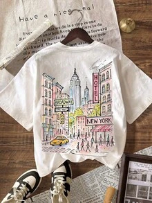 Áo thun in hình thành phố New York, áo thun nữ cỡ lớn cổ tròn tay ngắn kiểu dáng thường ngày, trang phục đi nghỉ hè. - trắng - Xem 2