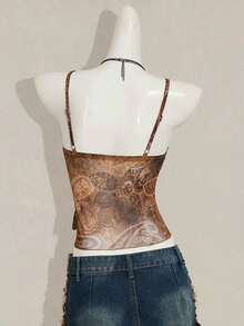 ICON Camisola Ajustada con Cuello en V y Volantes, Estampado Paisley Teal, Estilo Bohemio Retro Sexy Y2K para Mujer - Marrón - Ver 2