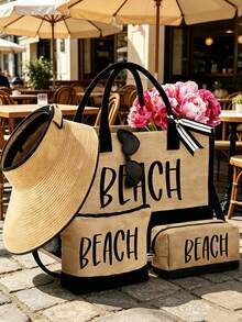 女款海灘托特包套組，附「BEACH」字母藝術圖案，包含大容量托特包、黑色時尚眼鏡、海灘帽、2個化妝包、1個輕量可重複使用購物袋及迷你錢包 - 彩色 - 查看 3