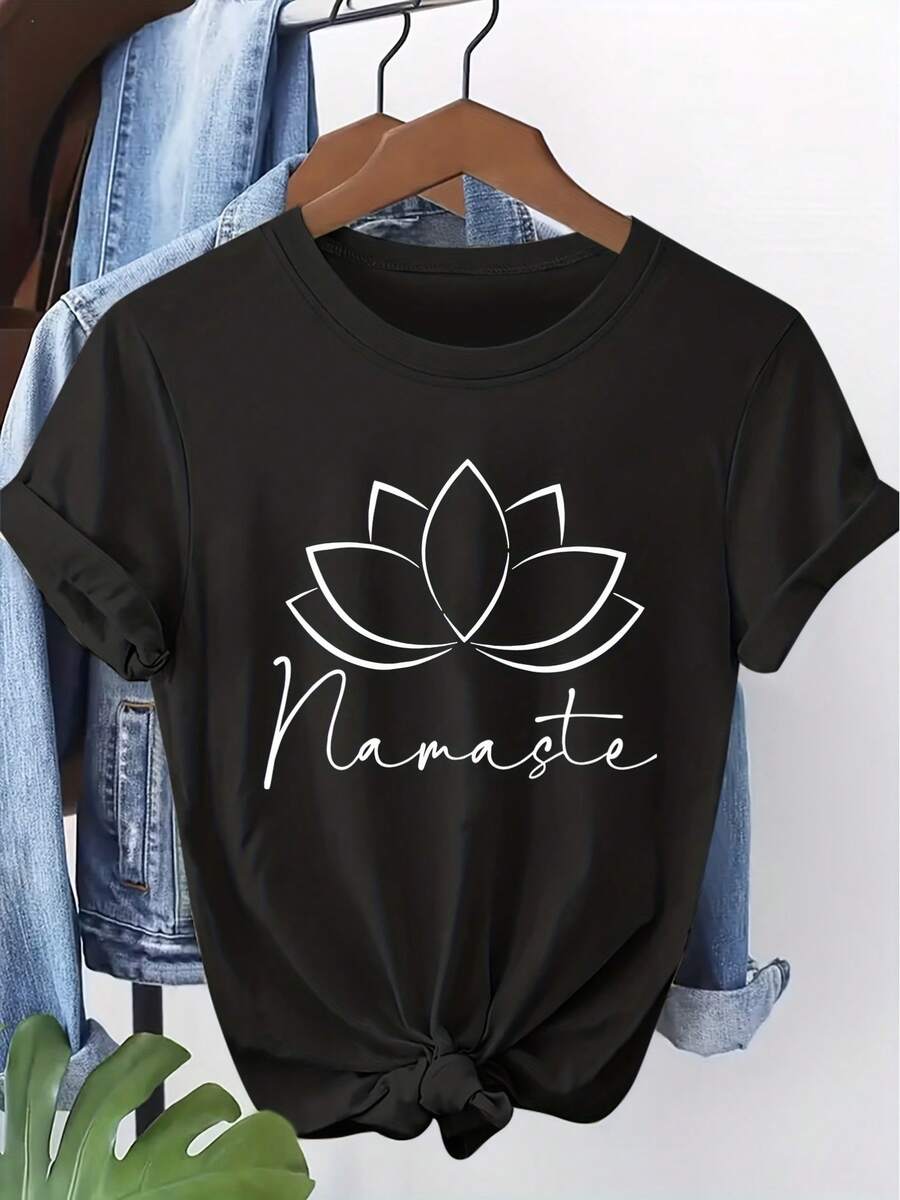 Women's Elegant Short Sleeve T-Shirt 2026 With Lotus Print "Namaste", Fashionable Retro Style, Casual Sporty Round Neck Short Sleeve T-Shirt For Spring/Summer/Autumn. - 黑色 - 查看 1