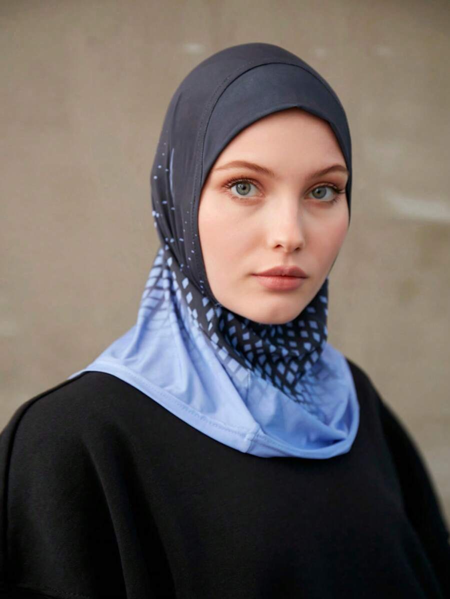 1 buah Turban Wanita Motif Geometris Gradien Retro, Hijab Instan Rajut Poliester, Bernapas & Anti Selip Gaya Modern, Siap Digunakan Sehari-hari/Kerja/Perjalanan - Biru - View 1