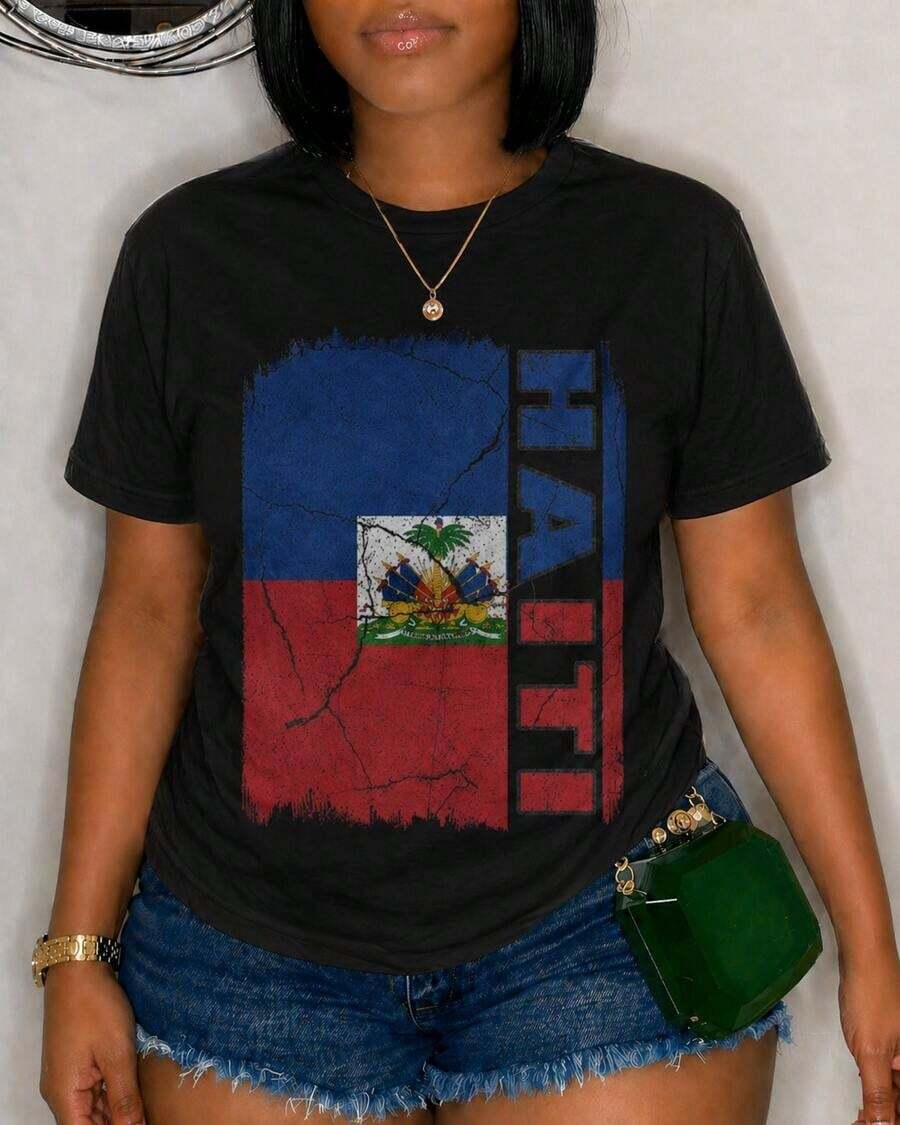 T-Shirt With The Coat Of Arms Of Haiti, 100% Cotton, Casual Style, Round Neck, Breathable, Comfortable, Holiday Clothing - 黑色 - 查看 1