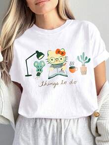 Camiseta de mujer , camiseta con estampado educativo de  "Things To Do" |   Lindo estampado casual de gatito leyendo una planta y una taza de café - Camiseta casual de manga corta y cuello redondo con divertido diseño de dibujos animados y estampado duradero, elegante camiseta de viaje para mujer, blusas para dama. - Blanco - Ver 8