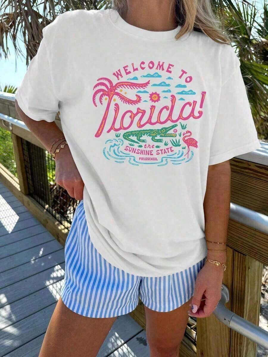 "Welcome To Florida" Short Sleeve Graphic T-Shirt - Casual White T-Shirt With Palm Tree And Crocodile Design, Classic Thick Cotton Short Sleeve T-Shirt, Printed Graphic T-Shirt, Casual Short Sleeve Top For Women, Anti-Wrinkle Cotton T-Shirt, Summer T-Shirt. - 白色 - 查看 1