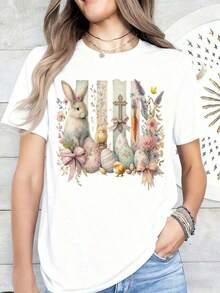 Short-Sleeved T-Shirt With Easter Bunny And Egg Floral Design, Cute Animal Print For Spring Holidays, Casual Top For Women, Gift Clothing For Easter Celebration, Summer T-Shirt. - 白色 - 查看 2