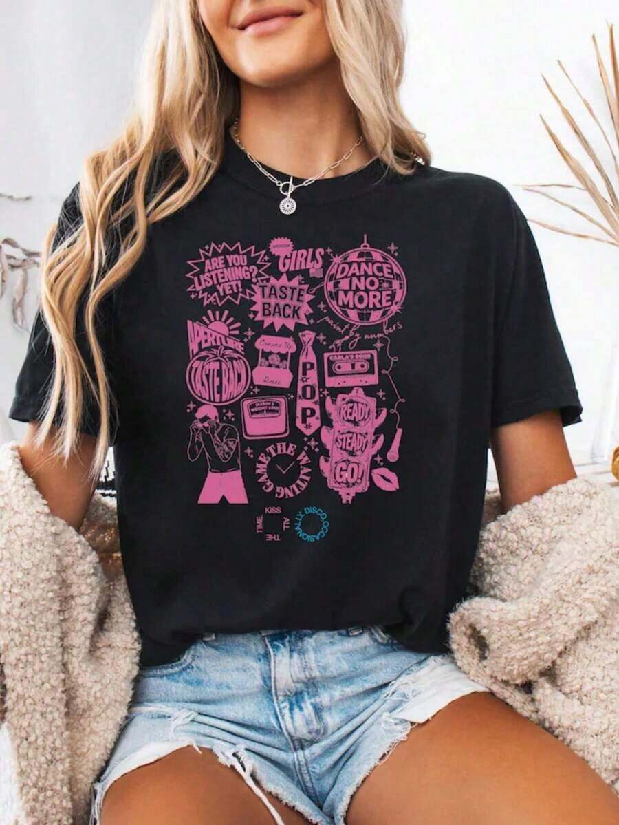 PremiumKiss All The Time, Disco Occasionally Tracklist Women's Fashionable Casual T-Shirt With Creative Print, Short Sleeve, Round Neck, Summer T-Shirt, Festive Celebration Shirt, Party Wear Top, - 黑色 - 查看 1