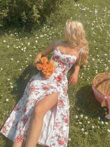 Vestido con abertura y lazo floral - Blanco - Ver 1