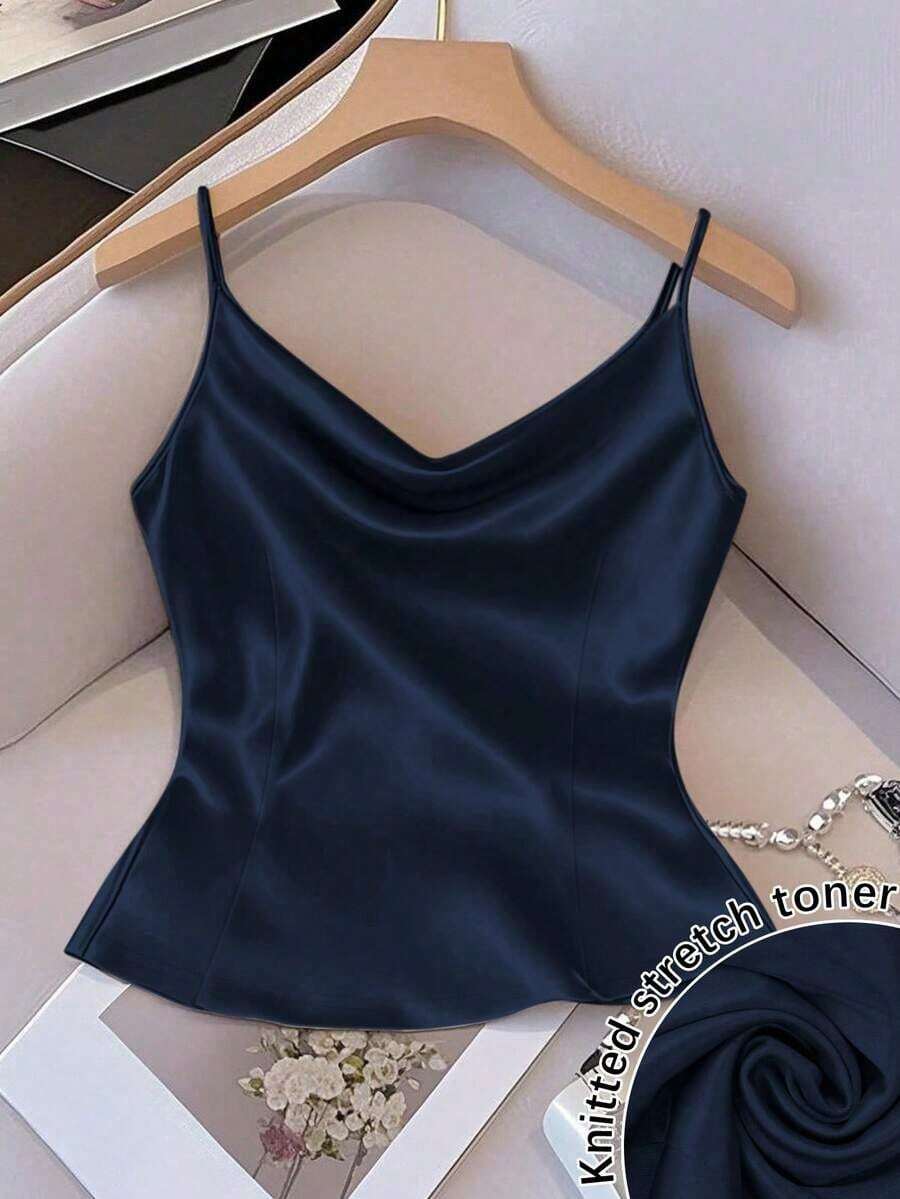 Chaleco sin mangas de mujer de tela tejida brillante, ajuste ceñido, apto para uso diario y para capas, primavera/otoño/invierno - Azul marino - Ver 1