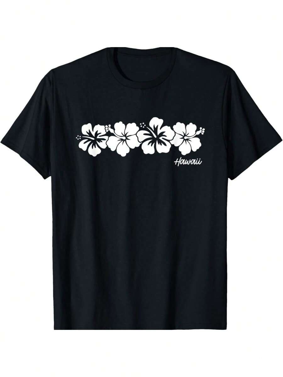 Camiseta unisex con estampado de flor de hibisco, estilo souvenir hawaiano, top cómodo, camisa de manga corta con cuello redondo, estilo casual de moda urbana. - Negro - Ver 1