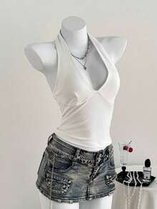 Top de tirantes de cuello halter sin espalda con cuello en V de color liso, uso casual diario - Blanco - Ver 4