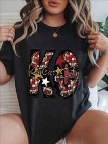 Women's Casual Short Sleeve T-Shirt - Kansas City American Football Design With Stars And Checks, Crew Neck, Summer Top, Machine Washable, Ladies' T-Shirts, Casual Wear, Modern Style, Comfortable Fit

-White Blouses For Women Shirt - 黑色 - 查看 8