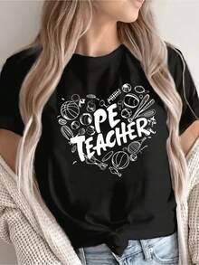 Women's Soft T-Shirt With Physical Education Teacher Print - 100% Cotton, Loose And Casual Short Sleeve T-Shirt, Round Neck With Geometric Print, Spring/Summer Clothing, Teacher Style, Fun Design, Comfortable Fabric, Loose Fit 180g - 100% Cotton T-Shirt, Breathable For Casual Everyday Wear - 黑色 - 查看 7
