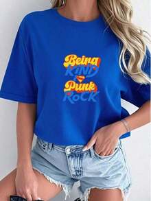 Graphic2026 New Arrival, Women's Premium Cotton T-Shirt 'Being Kind Is Punk Rock', High Quality Summer Clothes, Casual Elegance With Vibrant Graphic Print, Perfect For Beach Days And Daily Style, Short Sleeve T-Shirt, Boho Chic Style, Party Outfit, Women's Casual T-Shirt. - 藍色 - 查看 6
