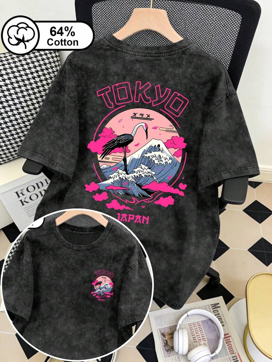 Áo thun ngắn tay nữ cỡ lớn in hình chim hạc đầu đỏ và hoa anh đào "TOKYO JAPAN" kiểu vintage, phong cách thể thao Y2K, thích hợp mặc ngoài trời, áo hè nữ, trang phục mùa hè màu đen. - màu đen - Xem 1