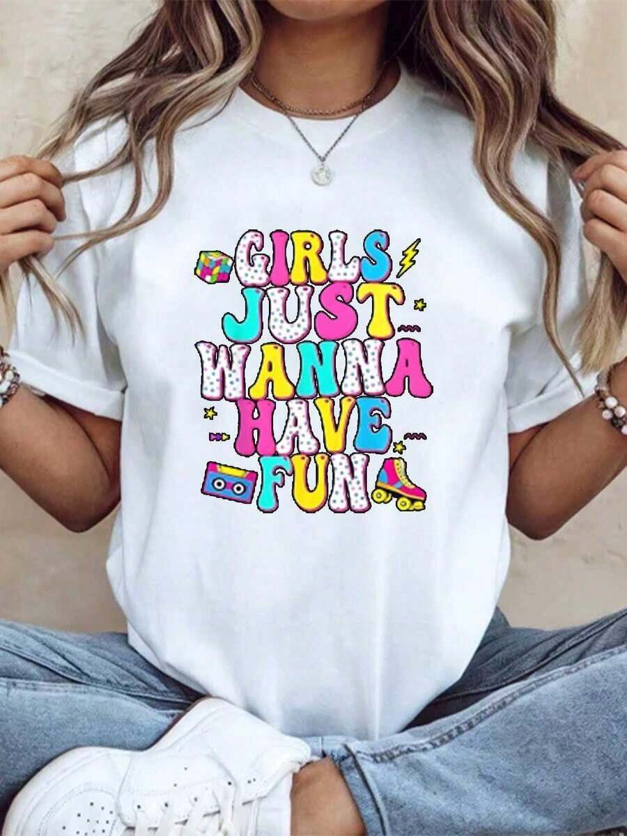 Casual Graphic Women's Short Sleeve T-Shirt, Girls Just Wanna Have Fun Colorful Graphic Print Top, Casual Summer Top, Comfortable Fabric, Perfect Gift, Bohemian T-Shirt, Blouses For Women - 白色 - 查看 1