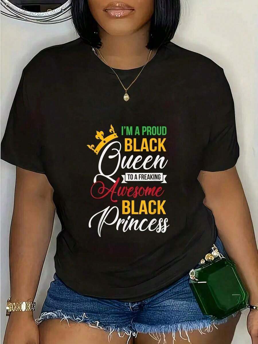 I Am A Proud Black Queen. Awesome Graphic Print Crew Neck Short Sleeve T-Shirt For Women And Men. - 黑色 - 查看 1
