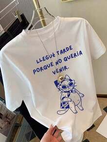 Camiseta gráfica de mujer de verano con estampado divertido de gato de dibujos animados "LLEGO TARDE PORQUE NO QUERÍA VENIR", estilo coreano de la calle, cómoda, retro, básica, de moda, multiusos, estética Y2K, de cuello redondo y manga corta, color blanco-Vintage Street Style Unisexoose Cotton Short Sleeve Crew Neck T-Shirt - Blanco - Ver 6
