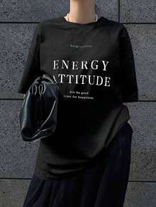 Camiseta suelta de cuello redondo con estampado de letras de manga corta para mujer "Keep Smiling ENERGY ATTITUDE See The Good Time For You", camiseta de verano oversize con gráficos-Vintage Street Style Unisexoose Cotton Short Sleeve Crew Neck T-Shirt - Negro - Ver 5