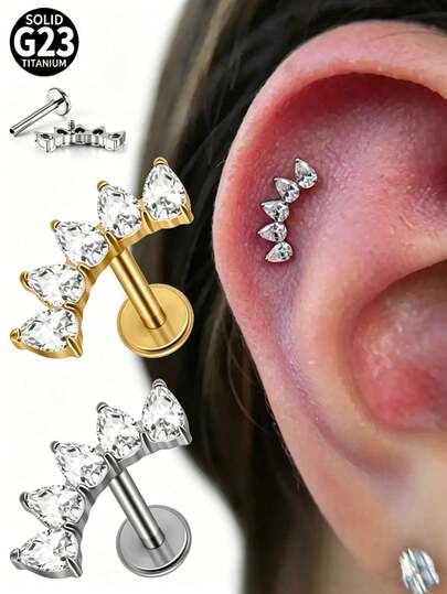 1 chiếc khuyên môi G23 bằng titan đính năm viên đá Zirconia hình giọt nước, khuyên tai sụn, khuyên vành tai, khuyên tai dạng vít.