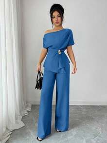 Elegante conjunto de dos piezas de moda urbana para mujer, adecuado para uso diario, bodas, galas, ir al trabajo, fiestas de graduación, vacaciones, citas, fiestas, Halloween, Navidad, Año Nuevo, Acción de Gracias.Pantalones anchos de cintura con hebilla metálica asimétrica de un hombro en color azul marino. - Azul lavado medio - Ver 4