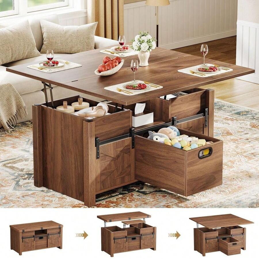 40 Farmhouse Lift Top Coffee Table With Sliding Barn Door,4 In 1 MultiFunction Coffee Tables With Storage Drawers Amp Hidden Co - Walnut- - View 1