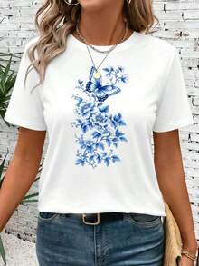 short sleevesCamiseta con estampado floral de mariposas azules. Tejido de calidad, corte relajado, estilo hip-hop urbano, transpirable.Leisure - Blanco - Ver 1