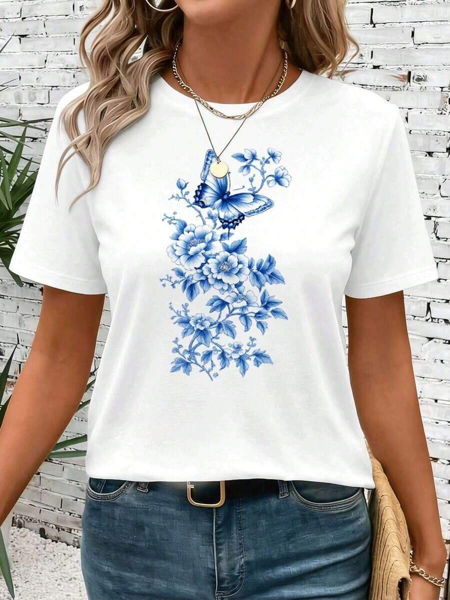 short sleevesCamiseta con estampado floral de mariposas azules. Tejido de calidad, corte relajado, estilo hip-hop urbano, transpirable.Leisure - Blanco - Ver 1