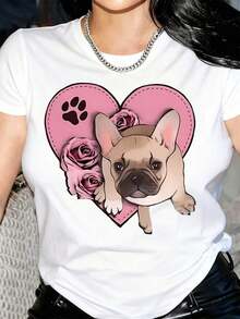 New Arrivals For Summer. Women's Short-Sleeved T-Shirt With A Round Neck, Heart And Rose Print, French Bulldog Design, Made With A Blend Of Fabrics And Slight Stretch. Blouse, Shirt > Beautiful. - 白色 - 查看 10