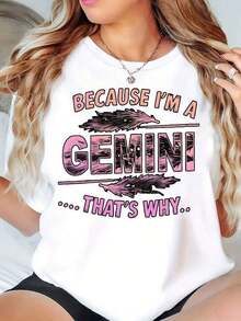 Camiseta de Cuello Redondo para Mujer con Estampado Gráfico "Porque Soy Géminis, Por Eso" - Blusa Casual, Camisa > Hermosa. - Negro - Ver 6