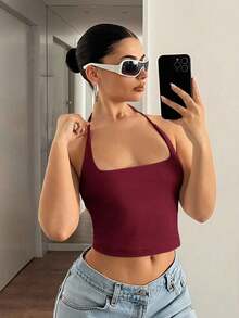 Camiseta de mujer de tirantes con cuello halter de unicolor - Burdeos - Ver 4