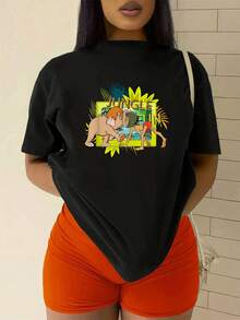 Colorful Image Of A Child And Elephant In The Jungle Surrounded By Tropical Leaves, Evoking Friendship, Nature, And Youthful Adventure. Cheerful, Comfortable, Casual Women's T-Shirt For Everyday Wear, Modern And Versatile. - 黑色 - 查看 2