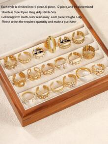 Juego de 4/6/12/16 anillos de acero inoxidable chapados en oro de 18K con patrones mixtos, de alta calidad con resina blanca incrustada, formas surtidas ajustables, adecuados para decoración diaria o regalo de mujer - Amarillo Oro - Ver 4
