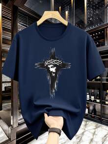 T-Shirt With Cross Print - Casual Short Sleeve Navy Blue T-Shirt, Thorns And Holy Chalice Design, Religious Icon, Crew Neck, Suitable For Religious Events And Daily Wear, Cross Pattern T-Shirt, Church T-Shirt, Christian T-Shirt - 紅色 - 查看 7