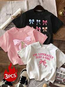 Este no es un conjunto de tres piezas, sino una nueva camiseta de verano para mujer.Es sencilla y linda, con un estampado de lazo de cereza y un eslogan, cuello redondo, mangas cortas y está disponible en varios colores.Es moderna y versátil, adecuada para el uso diario como top de mujer. - Blanco - Ver 1