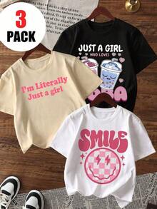 Conjunto casual de camisetas de manga corta con cuello redondo y estampado, no de 3 piezas, camisetas de colores vivos que brindan alegría y felicidad a cada niño, adecuadas para el Día de San Valentín. - Blanco - Ver 1