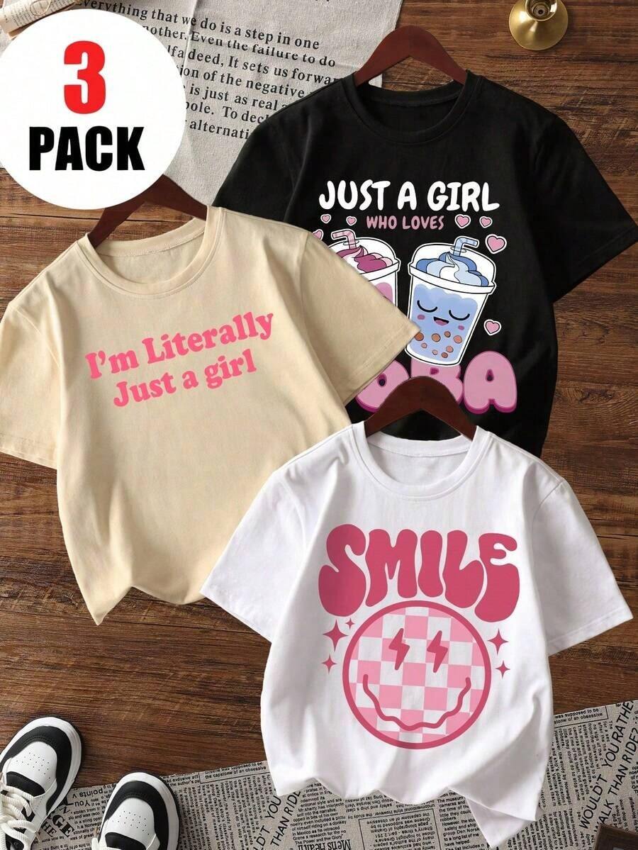 Conjunto casual de camisetas de manga corta con cuello redondo y estampado, no de 3 piezas, camisetas de colores vivos que brindan alegría y felicidad a cada niño, adecuadas para el Día de San Valentín. - Blanco - Ver 1