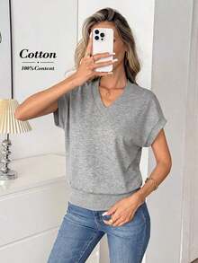 Camiseta casual de mujer de unicolor con cuello en V, mangas cortas tipo murciélago, para usar con vaqueros - Gris - Ver 6