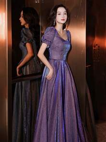 Women's Long Multicolored Party Dress, Short Puff Sleeves With V-Neck, Shiny Charro-Style Fabric, Elegant Princess Style Ideal For Banquets And Graduations. - 紫色 - 查看 2