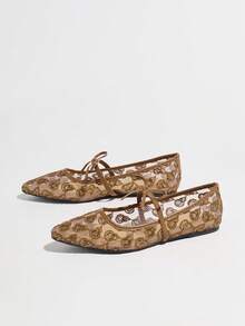 Plus Size Women's Mesh Bow Flat Loafers, Brown Pointed Toe Sequin Hollow Butterfly Pattern Breathable Versatile Ballet Shoes, Slip-On Dress Shoes For Summer - Brown - View 19
