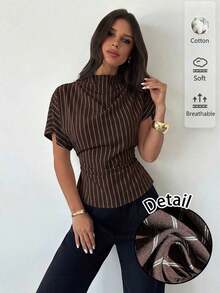 Blusa ajustada de estampado animal minimalista y casual con cuello fruncido, manga asimétrica y cintura fruncida, para mujer, para todas las estaciones - Óxido marrón - Ver 10