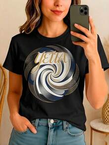 Vintage Style Football Graphic T-Shirt, Soft To The Touch, Breathable Material, Durable Printing Technology, Abstract Spiral Design, Retro Aesthetic, Cool Art, Streetwear, Loose Fit, Short Sleeve, Casual Wear, Oversized Cut, Perfect For Daily Wear, Outdoor Activities, Music Festivals, Parties Or As A Creative Gift For Friends. - 黑色 - 查看 1