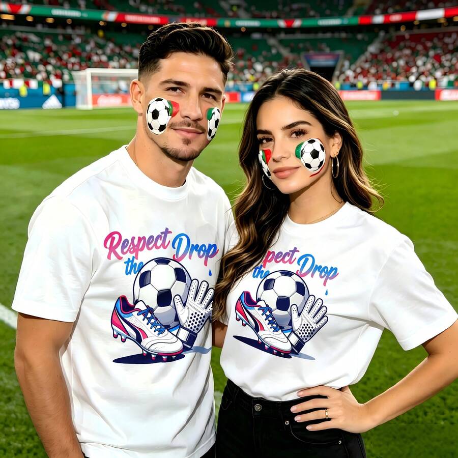 Couple football pattern T-shirt, 100% cotton, loose fitting, soft and breathable, casual round neck short sleeved top Respect Drop The Soccer Ball And Cleat Printed patterns, dating, leisure travel, gatherings, simple cartoon printing style, high cost-effectiveness Suitable for watching live sports - Blanco - Ver 1