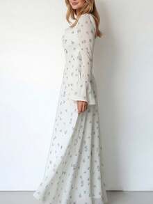 Long Printed Dress With Fitted Waist And Flared Sleeves, Elegant Spring 2026 - 白色 - 查看 4