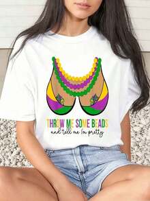 1 Piece Women's T-Shirt With Mardi Gras Bead Print And Bra, Carnival Theme, Everyday Wear, Round Neck, Short Sleeve, Soft And Comfortable, 220 G/M², 180 G, 100% Cotton - 白色 - 查看 1