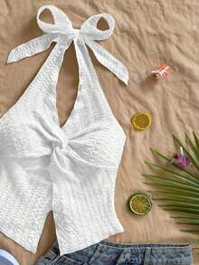 Camiseta sin tirantes sexy y con estilo, con nudo, bajo con abertura y espalda abierta - Blanco - Ver 3