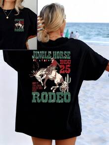 Brave Rider On Horseback Under Festive Lights And Desert Landscape Conveying Strength And Freedom With Christmas Spirit. Women's Double-Print T-Shirt Ideal For Casual Everyday Wear - 黑色 - 查看 1