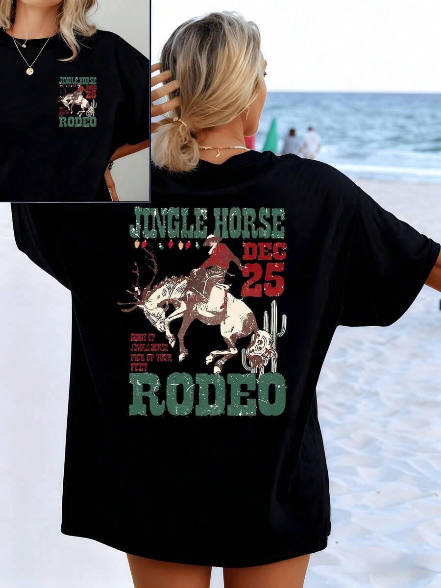 Brave Rider On Horseback Under Festive Lights And Desert Landscape Conveying Strength And Freedom With Christmas Spirit. Women's Double-Print T-Shirt Ideal For Casual Everyday Wear - 黑色 - 查看 1